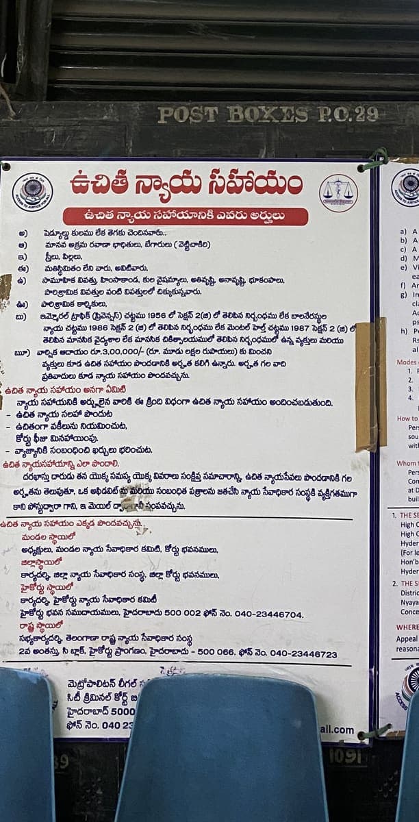 Telugu Free Legal Aid notice board listing lettered eligibility categories and contact addresses, with the edge of an adjoining English panel at the right