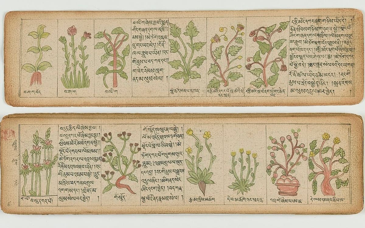 Two long, narrow pecha leaves each divided into eight framed panels alternating hand-drawn plants with columns of dbu-can Tibetan text