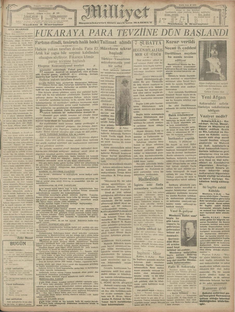 Dense multi-column Turkish newspaper front page under a large decorative masthead reading Milliyet, with a bold headline announcing poor relief payments