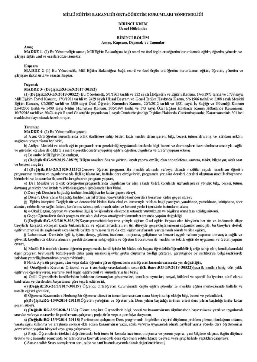 Clean typeset regulation document with a bold title, numbered sections and numbered Madde articles, a parenthetical amendment citation opening several of the lettered definitions