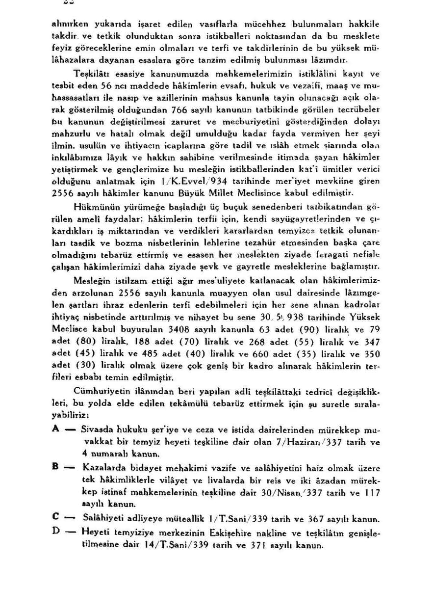 Fully justified page of dense 1930s Turkish print, numbered 22, ending in a lettered list of laws from A to D