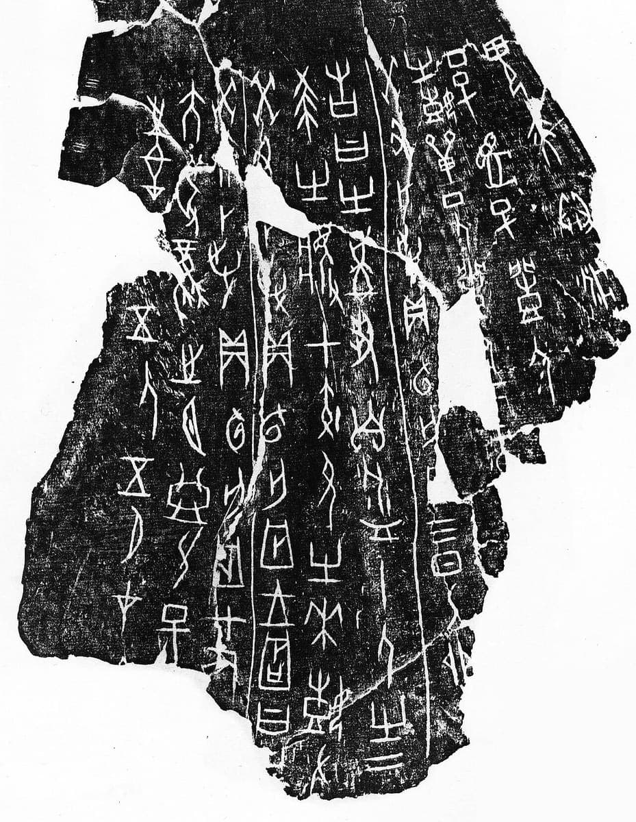 Ink rubbing of a large inscribed ox scapula, white oracle-bone graphs in vertical columns on a black ground with a ragged broken outline