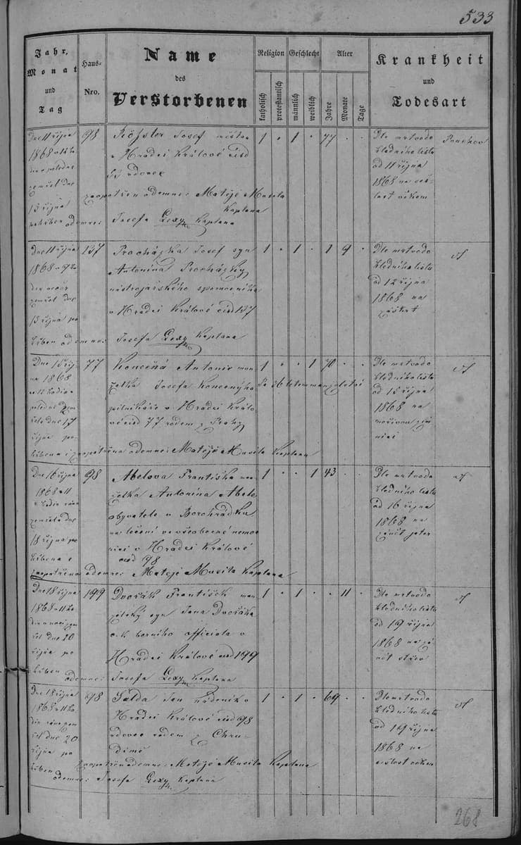 Right page of a printed death register with German blackletter column headings and handwritten entries in a Latin-script Czech cursive in narrow ruled columns
