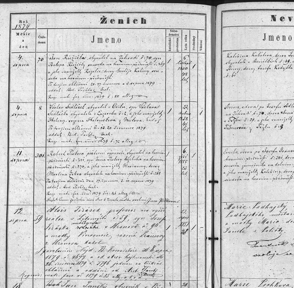Marriage register page with Czech printed headings reading Ženich and Nevěsta above entries in a Latin-script Czech cursive