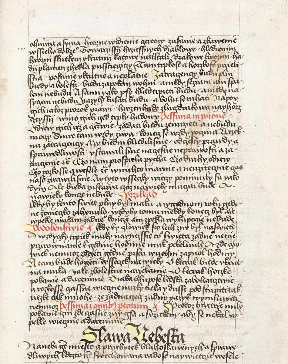 Full manuscript page of dense Czech Bastarda with four red headings, two Latin and two Czech, and a large display line near the foot