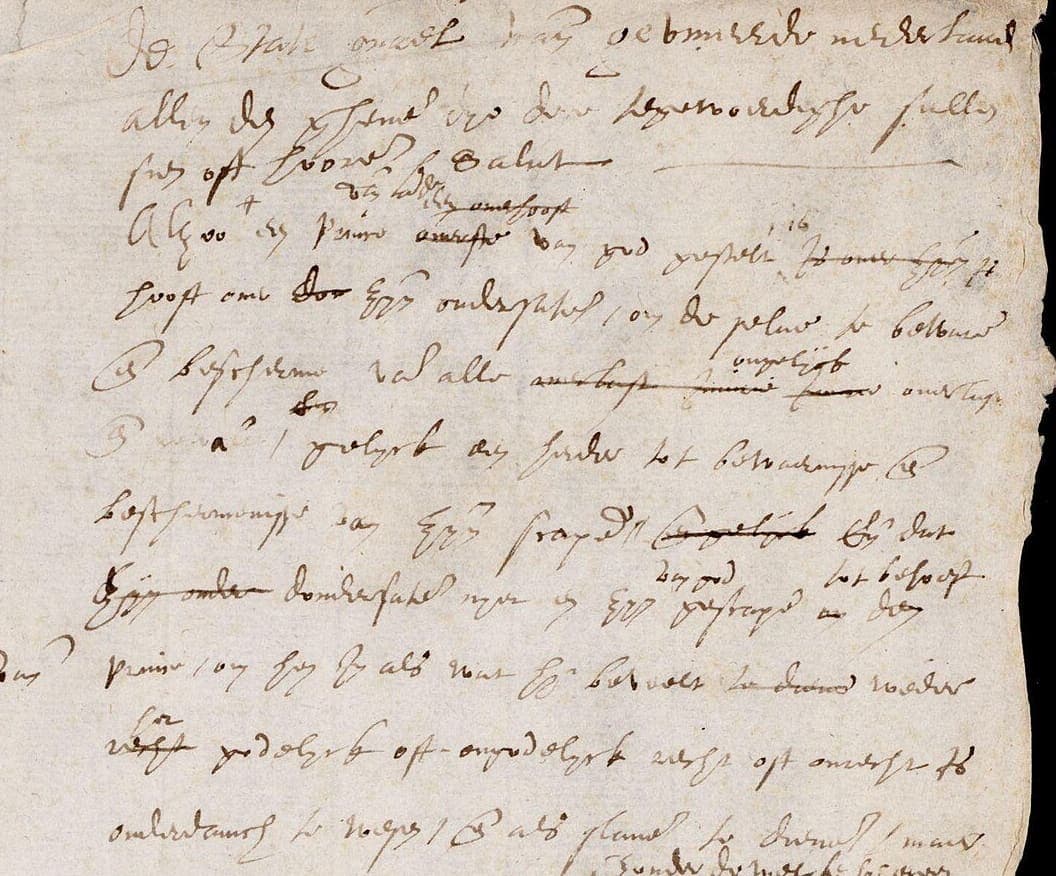 Upper part of a paper draft with wide spacing between the lines, several words struck through and small insertions written above them