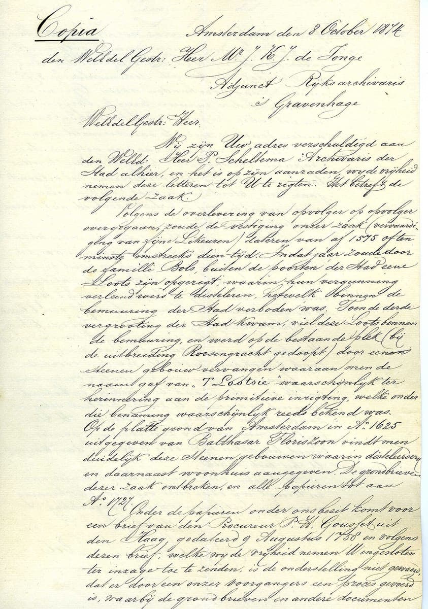 A letter headed Copia in a wide, even copperplate hand, with the address of the recipient stepped down the right of the page