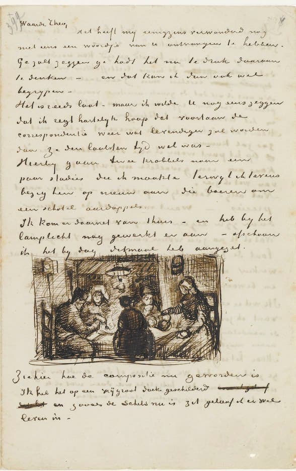 Right-hand page of a letter sheet opening Waarde Theo, in a small sloping hand, with a pen sketch of five figures around a table set into the middle of the text