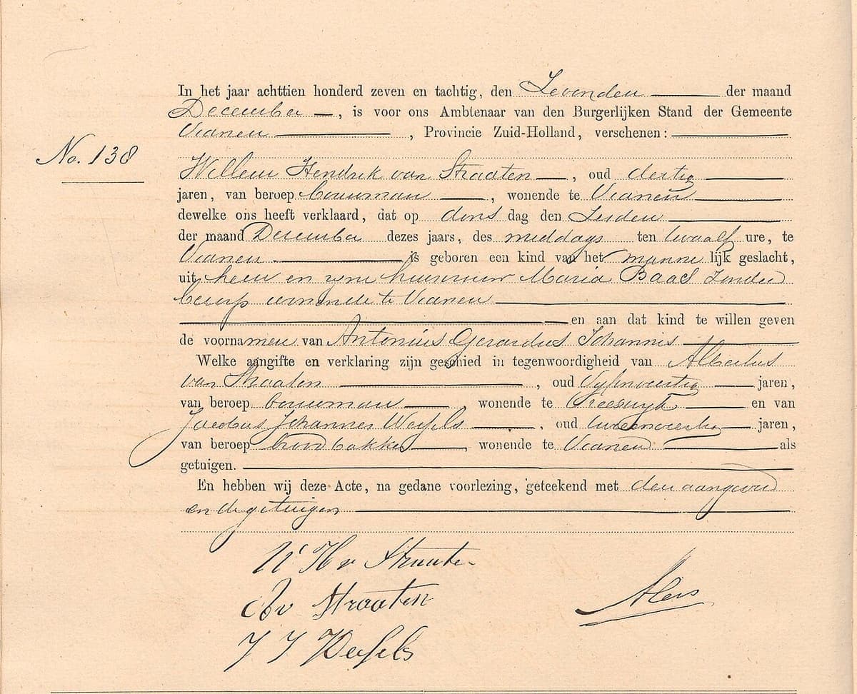 A printed birth certificate form with the blanks filled in by hand in a round flowing script, four signatures at the foot and the entry number in the margin