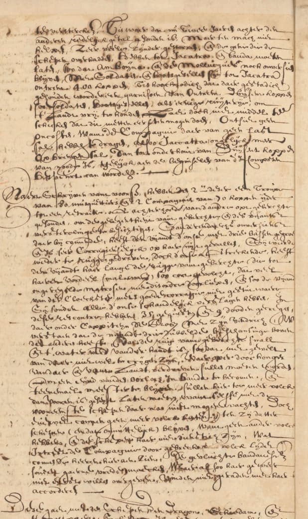 Page of a dispatch in a small, dense seventeenth-century cursive with two large flourished paragraph openings