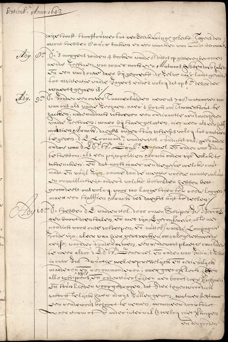 Journal page headed September Anno 1642 with dated entries down the page, each opening with Adij and a number in a ruled left column
