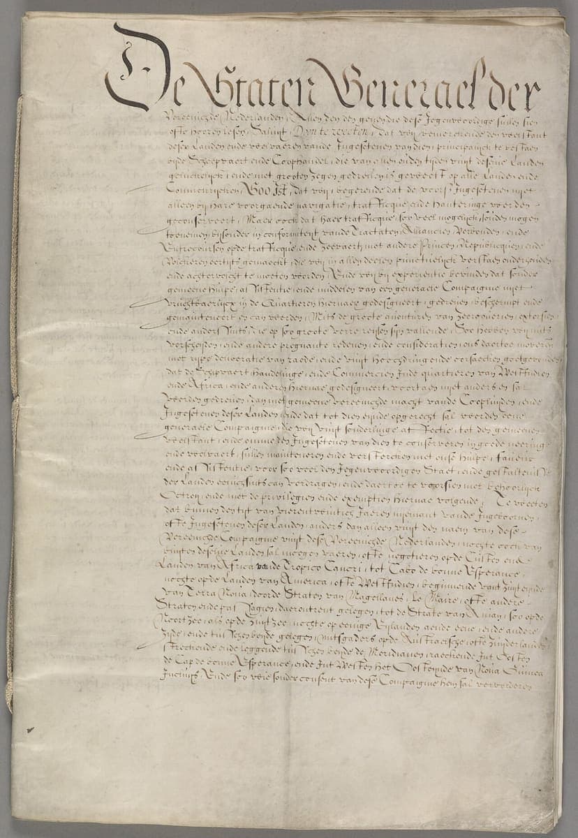 First page of a vellum charter with a huge display line reading De Staten Generael der and about forty lines of fine chancery writing below it