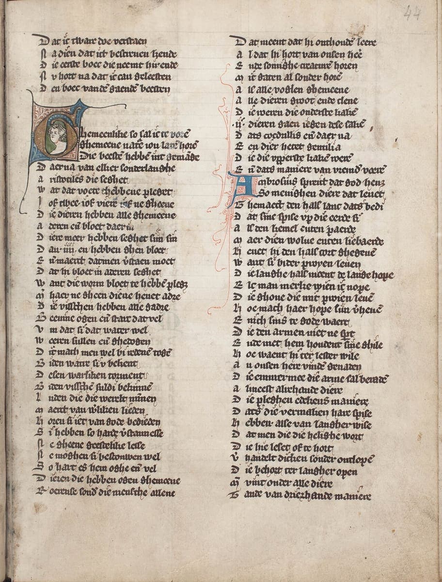 Folio 44r of Der naturen bloeme, KB KA 16: two columns of textualis with a historiated initial containing a human head and red pen-flourishing