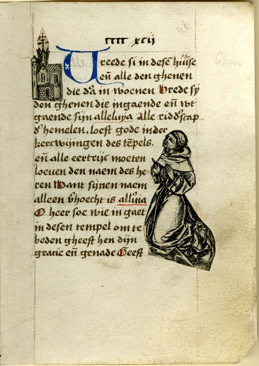 Leaf from a Middle Dutch prayer book in hybrida with a large blue initial, red highlights, and two small engravings of a church and a kneeling friar pasted onto the page