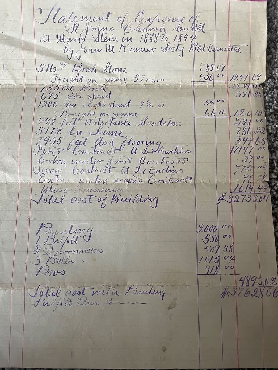 A handwritten statement of building expenses on ruled paper, with two money columns, ruled subtotals and a grand total