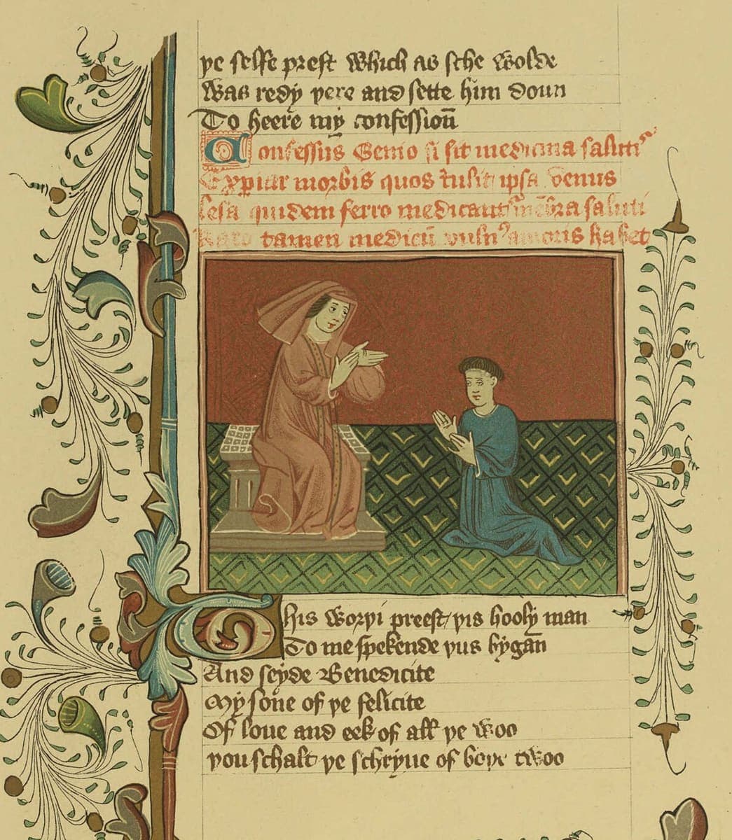 Colour facsimile of a page of Gower’s Confessio Amantis: English verse above and below a miniature of a seated confessor and a kneeling penitent, with four lines of red Latin verse