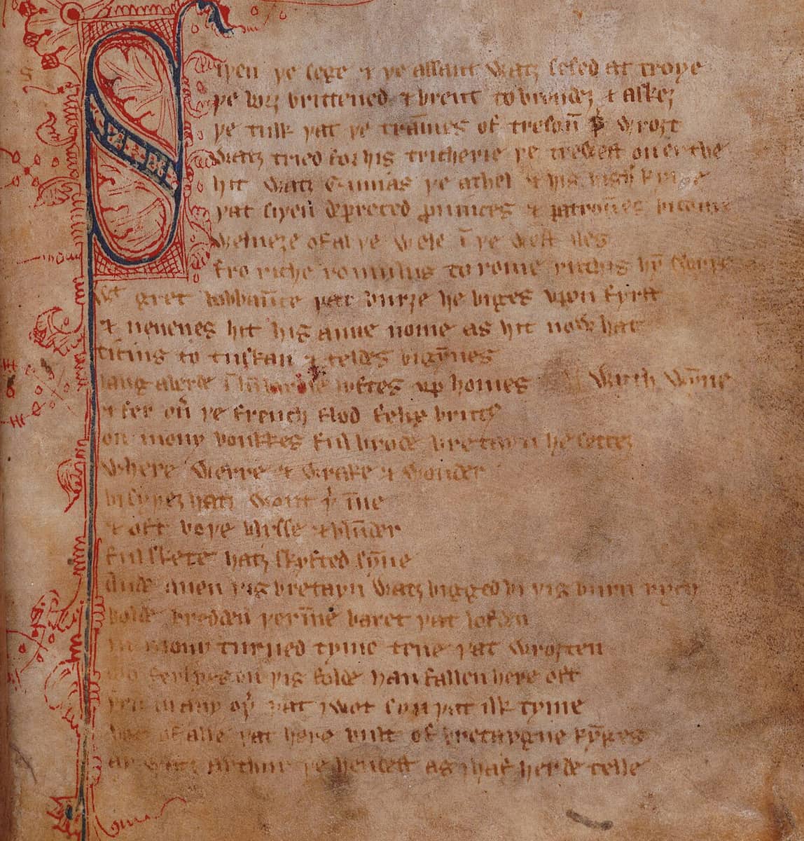 Faded brown page of Sir Gawain and the Green Knight with a large blue and red S initial and twenty-five lines of alliterative verse