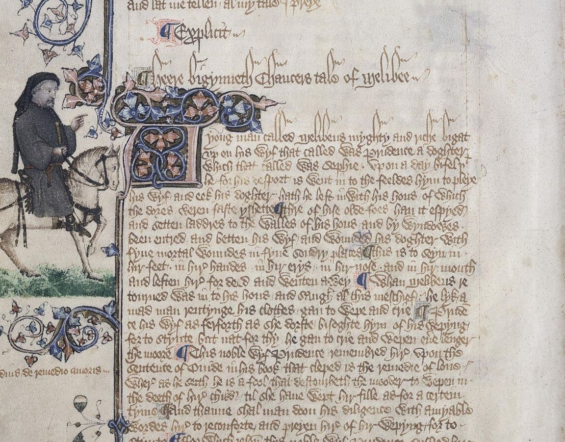 Ellesmere Chaucer folio with the marginal portrait of Chaucer on horseback beside a column of verse turning into prose under a decorated initial