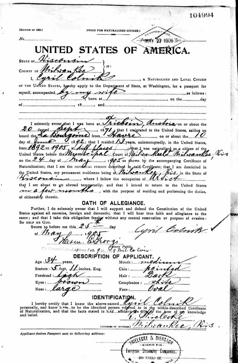 A printed United States passport application form of 1905 filled in by hand, with a description panel and several stamps