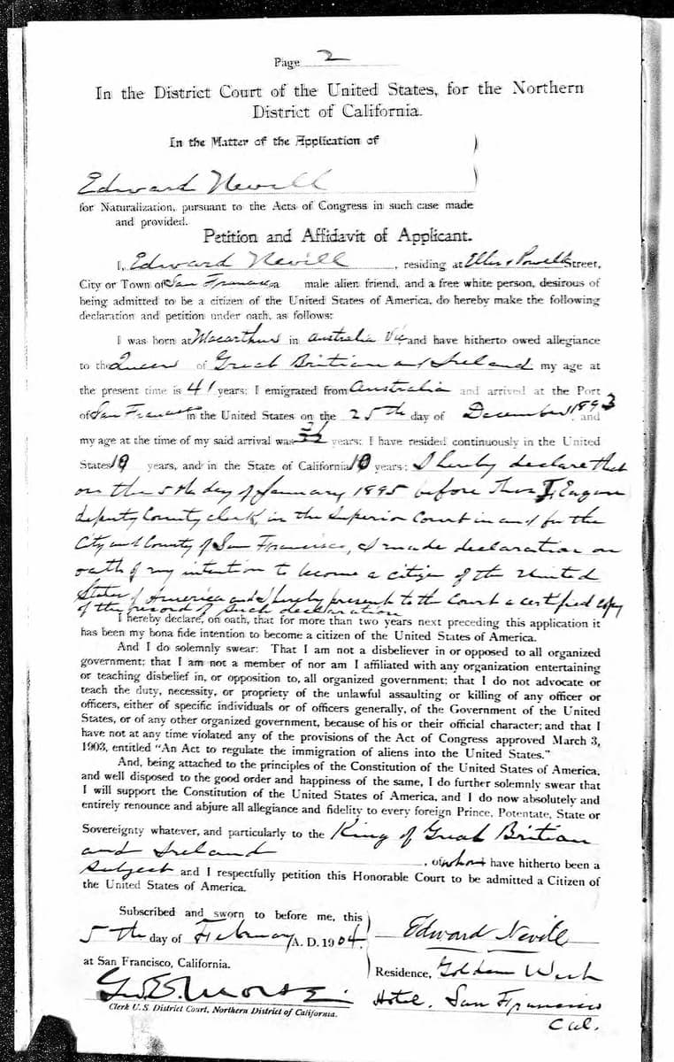 A printed court petition for naturalisation from 1904, with blanks completed in ink and one printed word struck out and replaced by hand