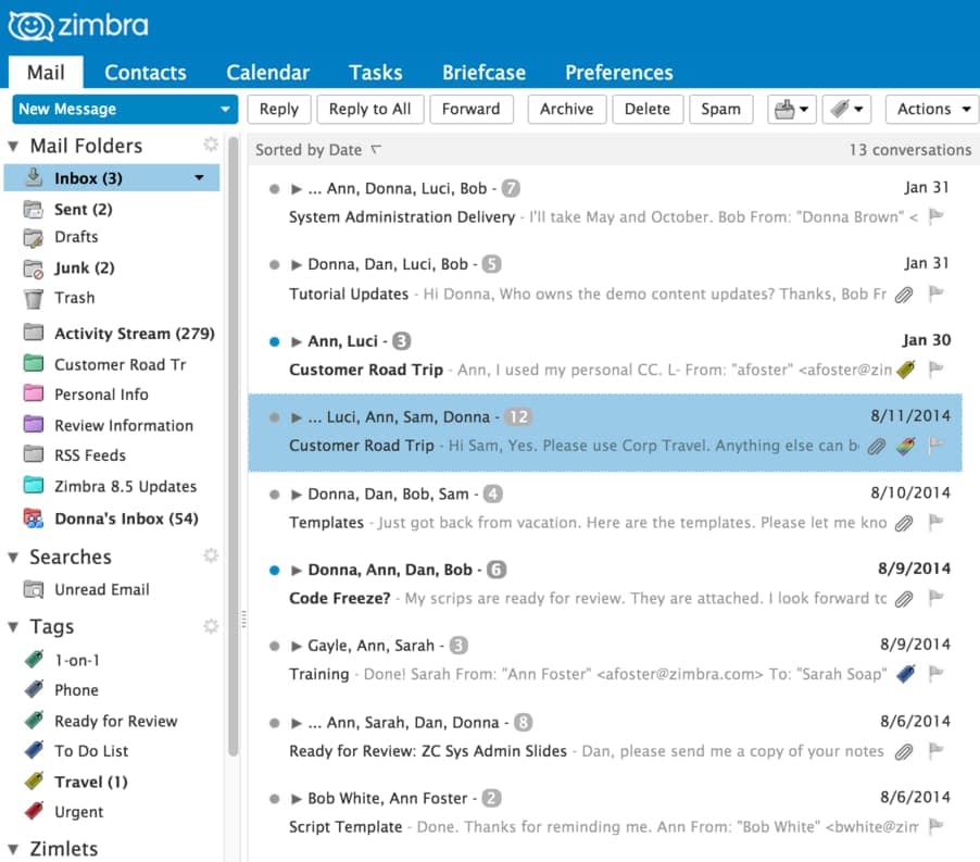 A webmail inbox screenshot with a folder sidebar showing unread counts and a message list of demonstration conversations