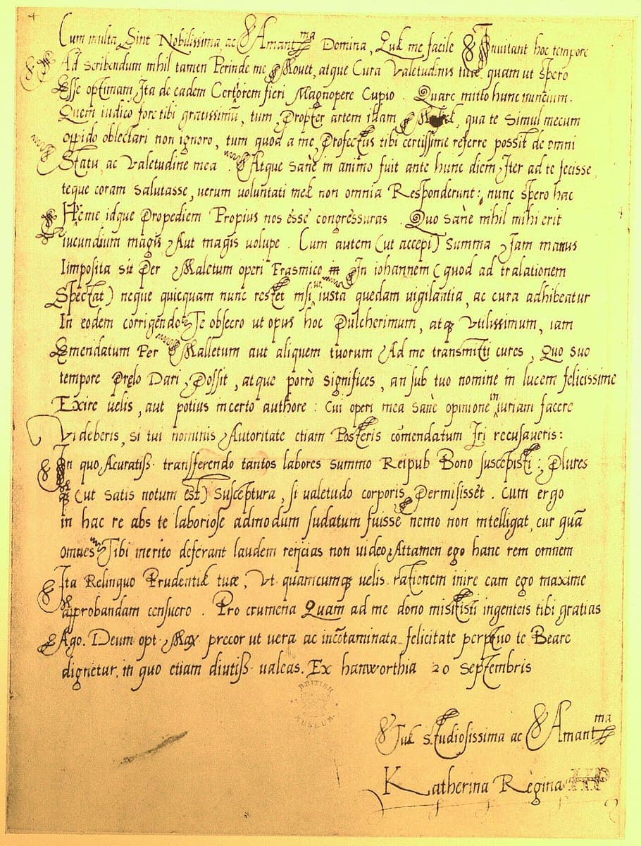 Twenty-four lines of a clear sloped italic hand in Latin, with enlarged looped capitals and a royal signature at the foot