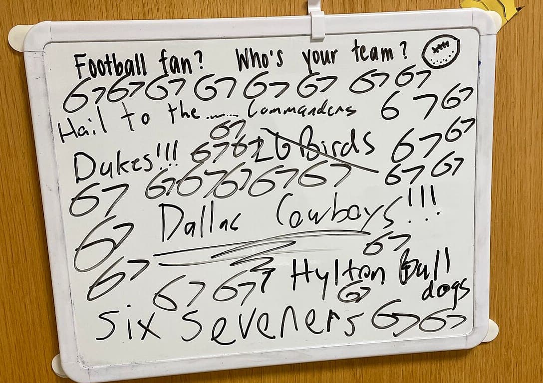 A small whiteboard on a wooden door, crowded with answers to a question written at the top, one of them crossed out