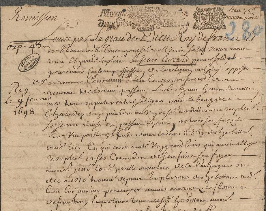 The head of a sheet of stamped paper with a printed duty cartouche across the top, the word Remission written large in the left margin and dense sloping chancery writing below