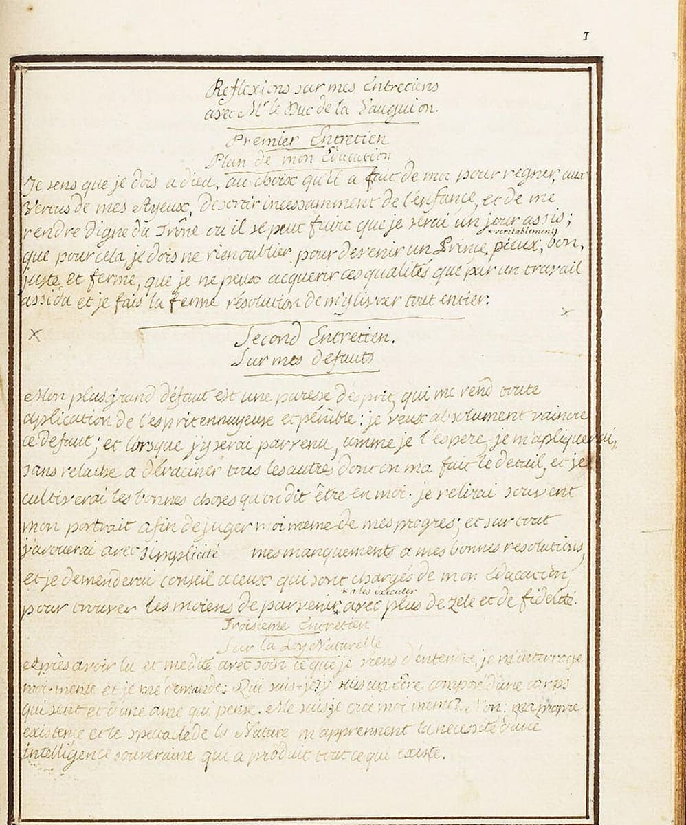 A notebook page inside a ruled ink border, written in a careful sloping hand with underlined headings and a small phrase inserted above the line