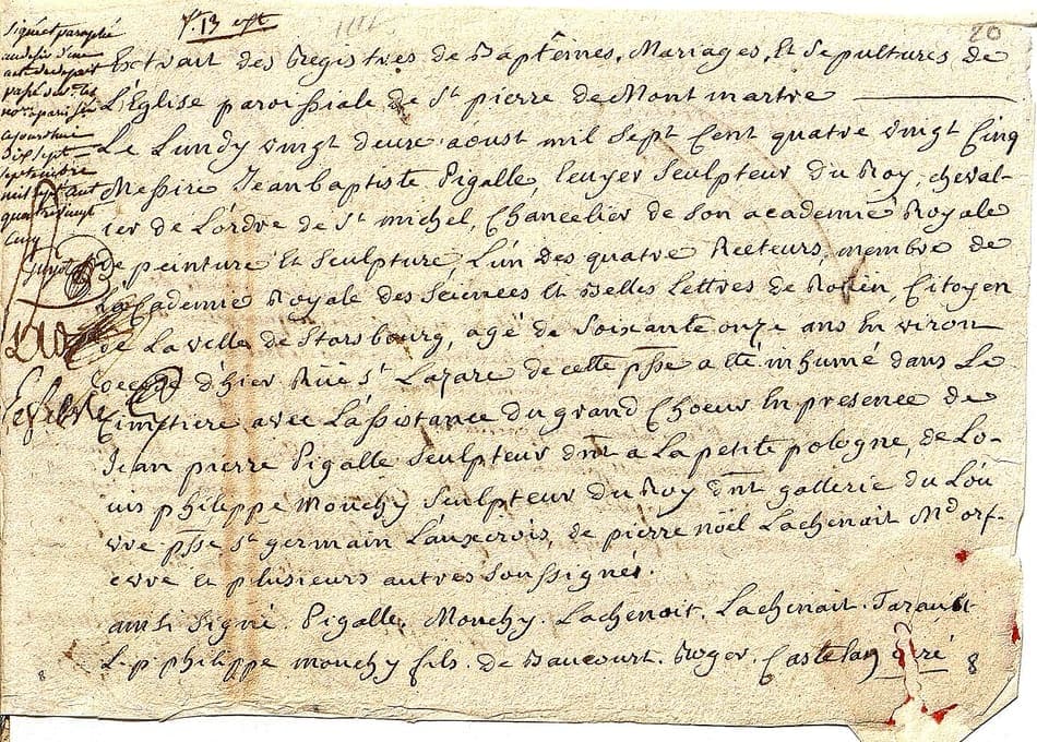 A small sheet of paper carrying a burial entry in a large round eighteenth-century hand, with cramped notes down the left margin and two lines of surnames at the foot
