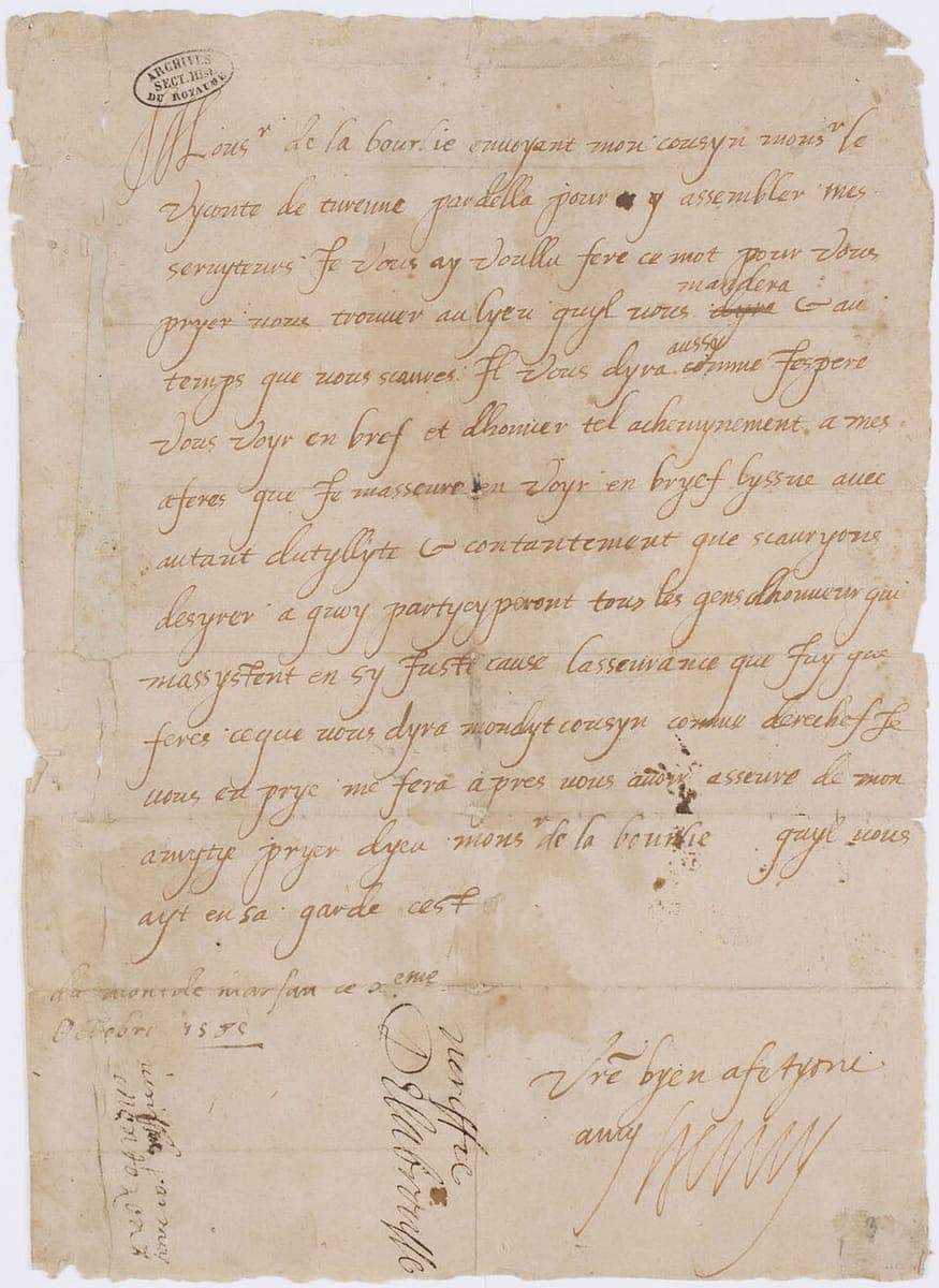 A single sheet of paper written in a large sloping cursive with words added above the line, a date at the foot and a signature ending in a huge looping flourish