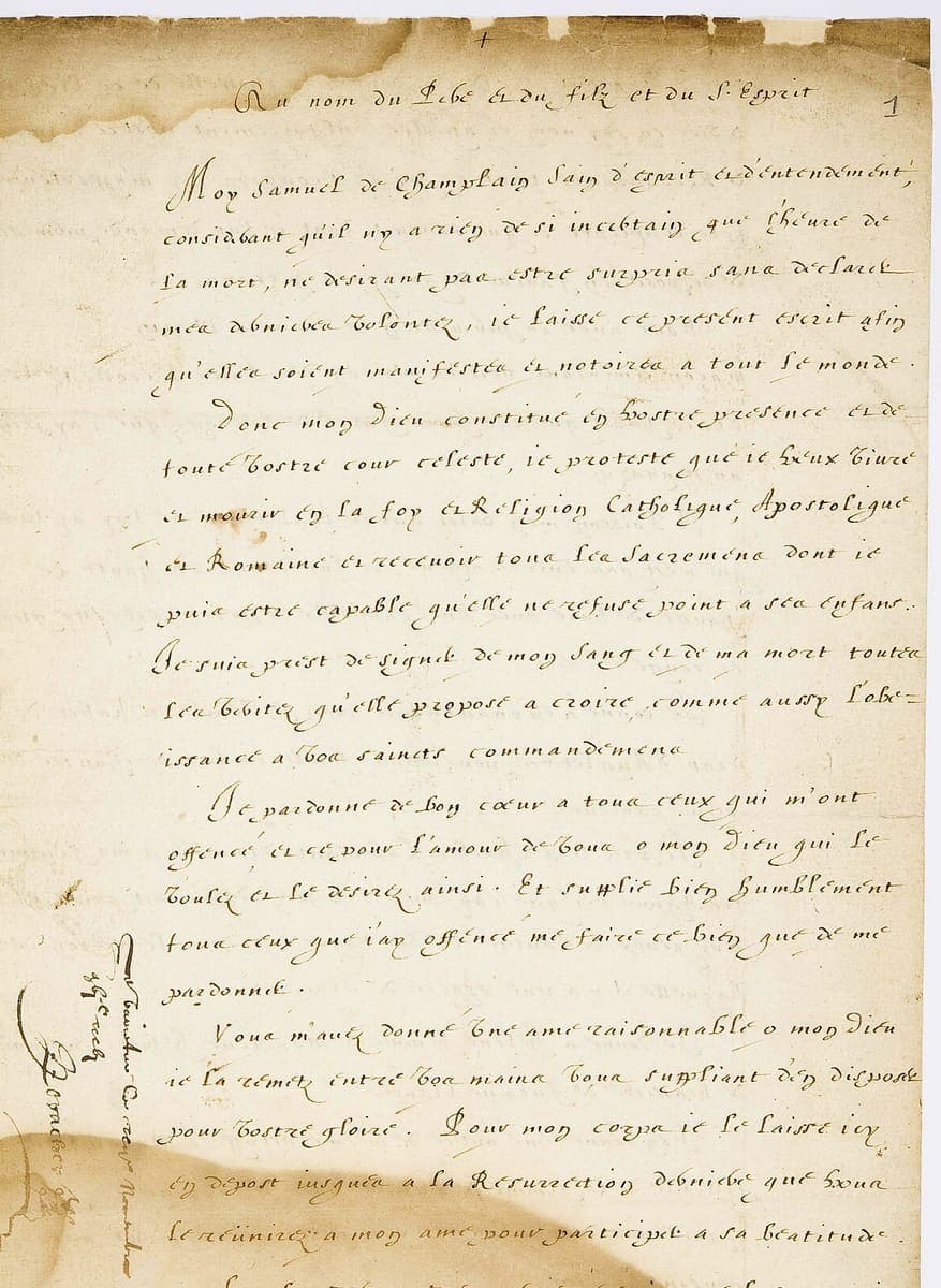 A sheet of paper written in a wide, evenly sloping seventeenth-century hand with generous spacing, a cross drawn at the head and a large brown water stain across the lower part