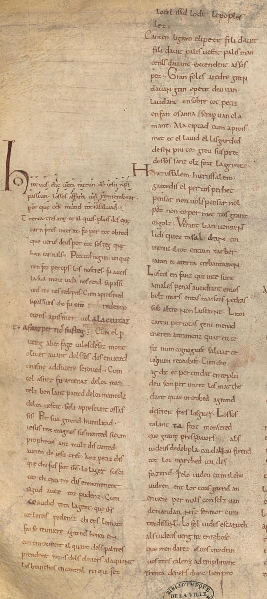 Two columns of Clermont-Ferrand MS 240, f. 109v, with the Old French Passion beginning at a large initial H in a small Caroline minuscule