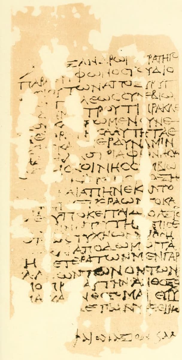 Tall sepia plate of a papyrus sheet carrying twenty-three lines of upright Greek writing, the left-hand strip abraded to faint traces