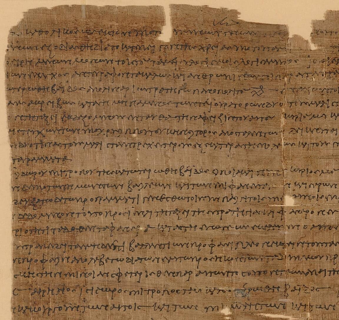 Close view of a papyrus roll covered in long lines of rapid brown cursive, with a short paragraph break in the middle