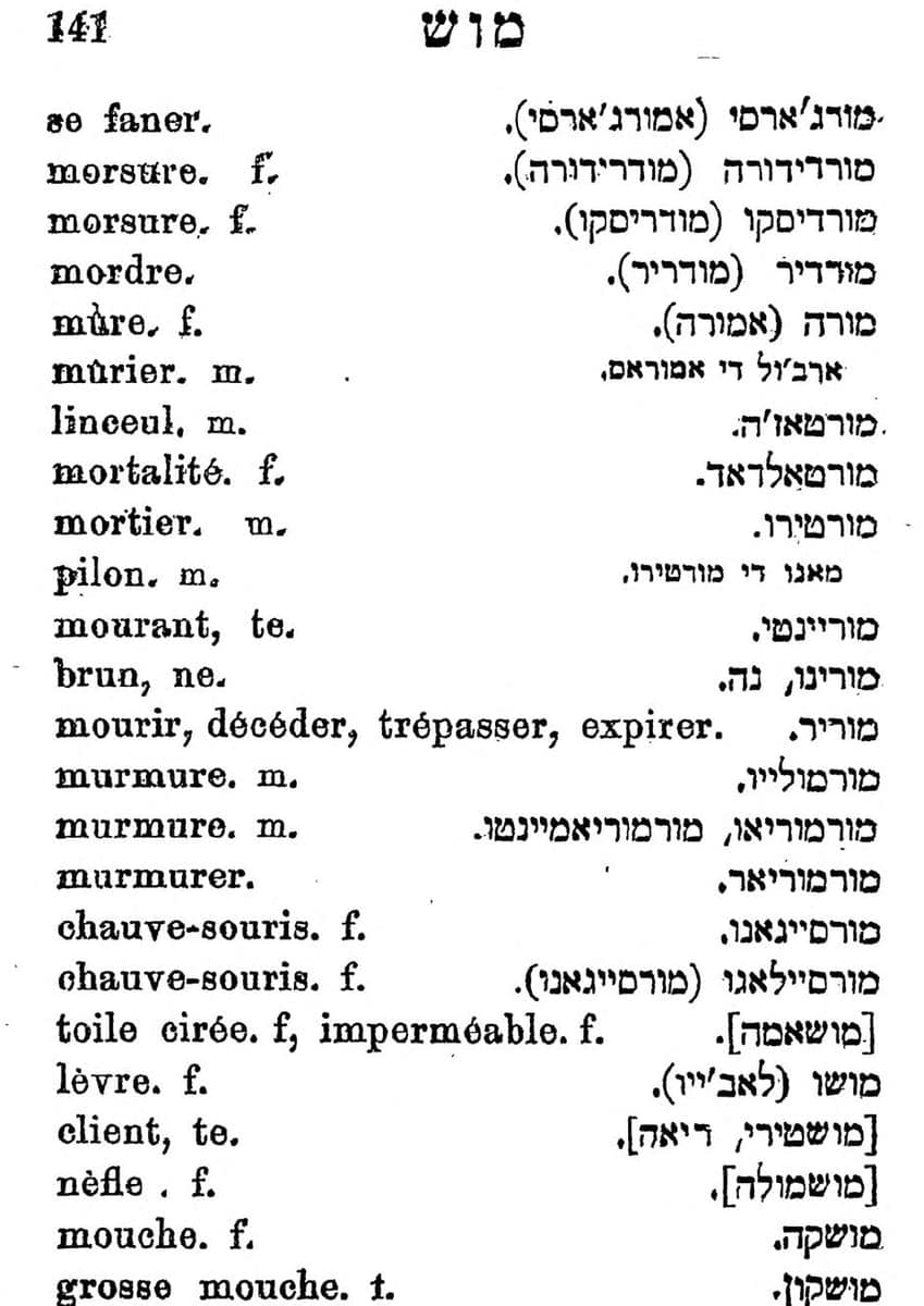 A dictionary page with French words in roman type on the left and Judeo-Spanish equivalents in Hebrew letters on the right