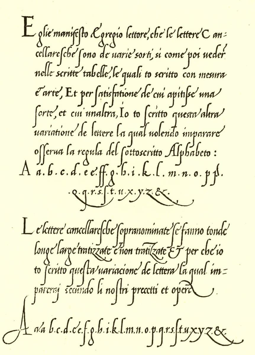 A page of a Renaissance writing manual printed from woodblocks: two paragraphs of chancery italic followed by two full alphabets with long swash flourishes