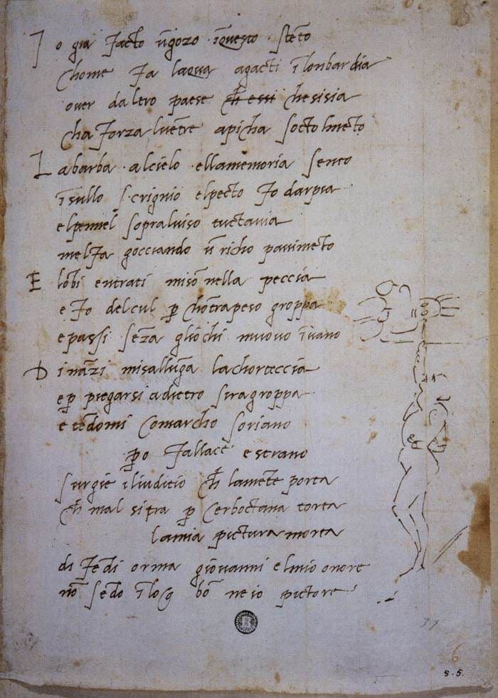 An autograph sheet holding a sonnet of twenty lines in a Florentine cursive, with a pen caricature of a man painting a ceiling drawn down the right-hand margin