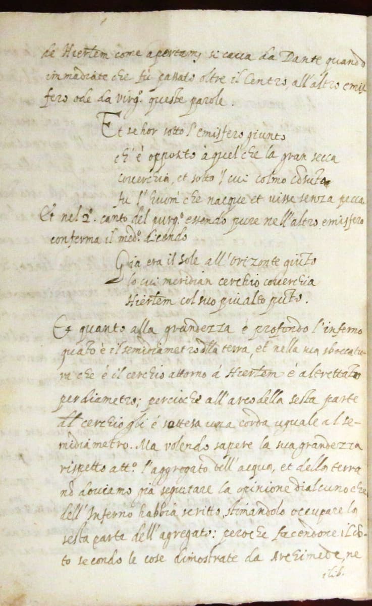 Left-hand page of an open manuscript in Galileo’s italic, with quoted verses of Dante set indented in the middle of the prose