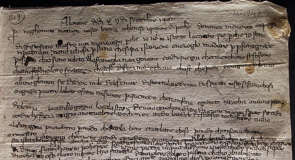 A family letter of 1402 in large mercantesca, the date at the head and the lines growing more crowded towards the foot
