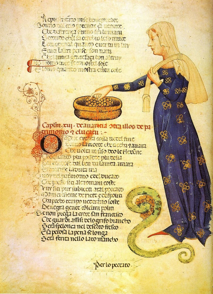 Folio 24v of Cecco d’Ascoli’s L’Acerba in Laurenziana Plut. 40.52: verses in rounded textualis with a red rubric and a painted figure of Avarice reaching into a basin of gold coins