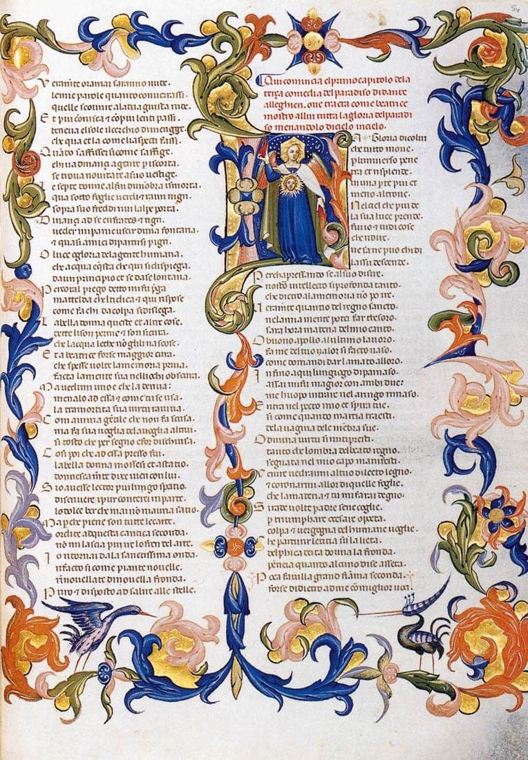 Full folio of a Florentine Commedia inside a border of acanthus, gold bosses and birds: two columns of textualis, a red rubric and a miniature of Beatrice at the head of the right column