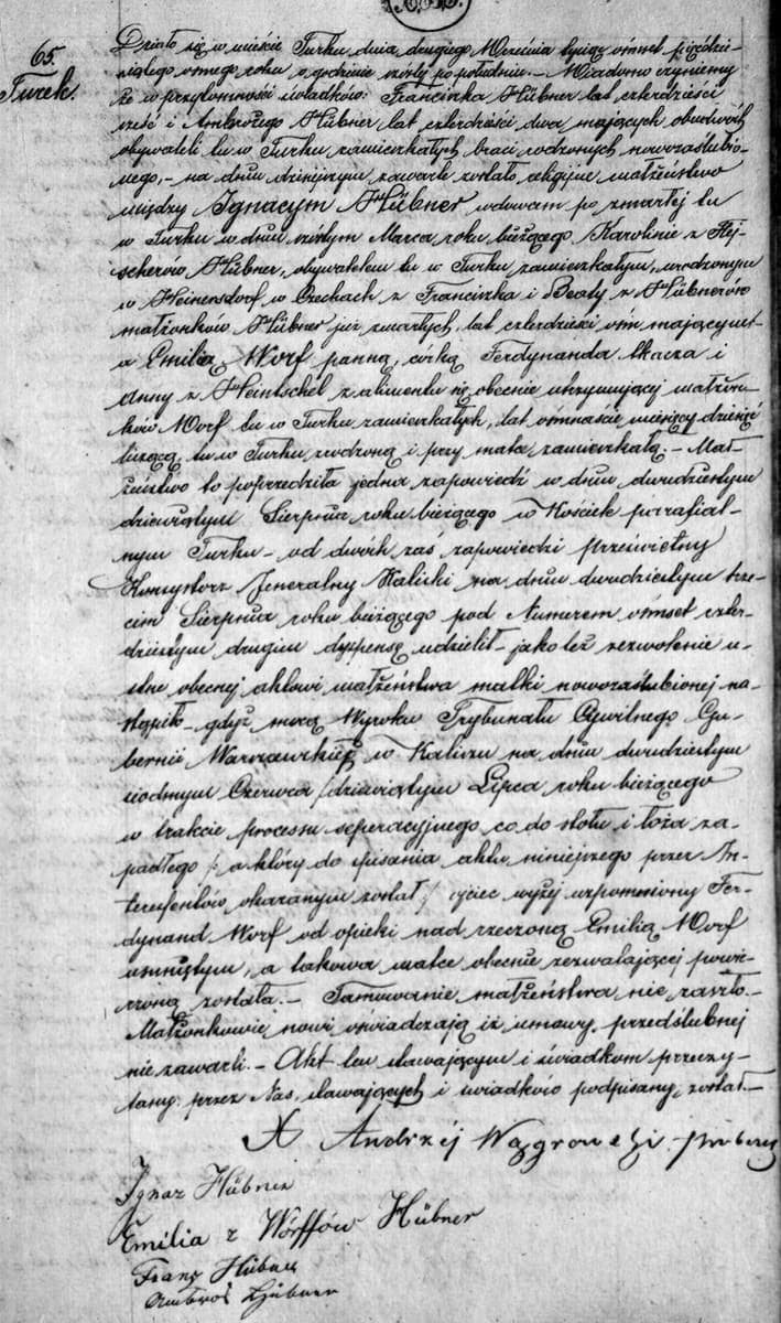Polish civil act of 1858 written in a small even hand, beginning Działo się w mieście Turku, with five signatures at the foot