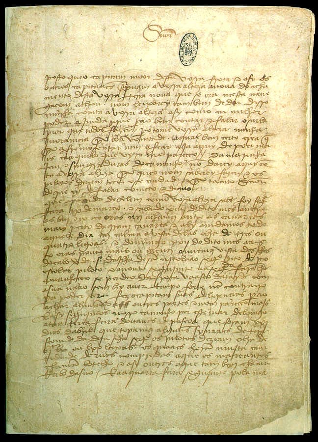 A crowded page of a 1500 letter in a fast looped cursive, about thirty lines with no rubrication and a single word at the head