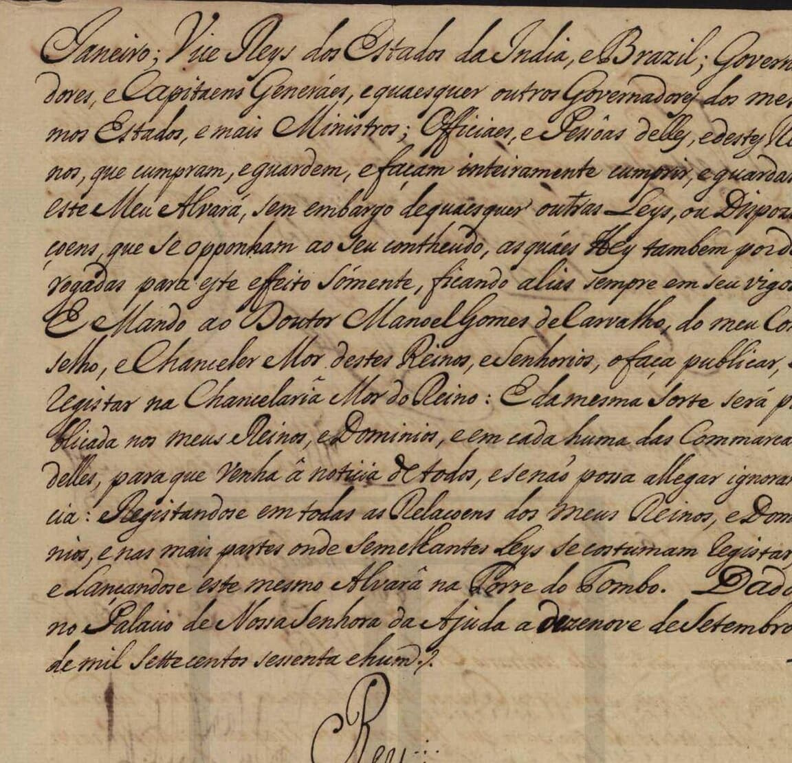 The closing leaf of a 1761 royal decree in a broad upright italic, the date written out in words and the single flourished word Rey beginning at the foot of the crop