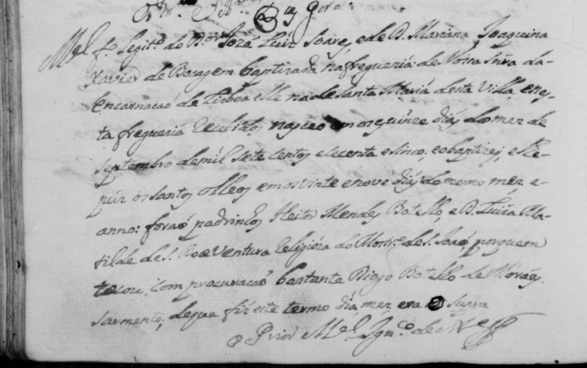 A ten-line baptism entry of 1765 in a small even italic at the foot of a register page