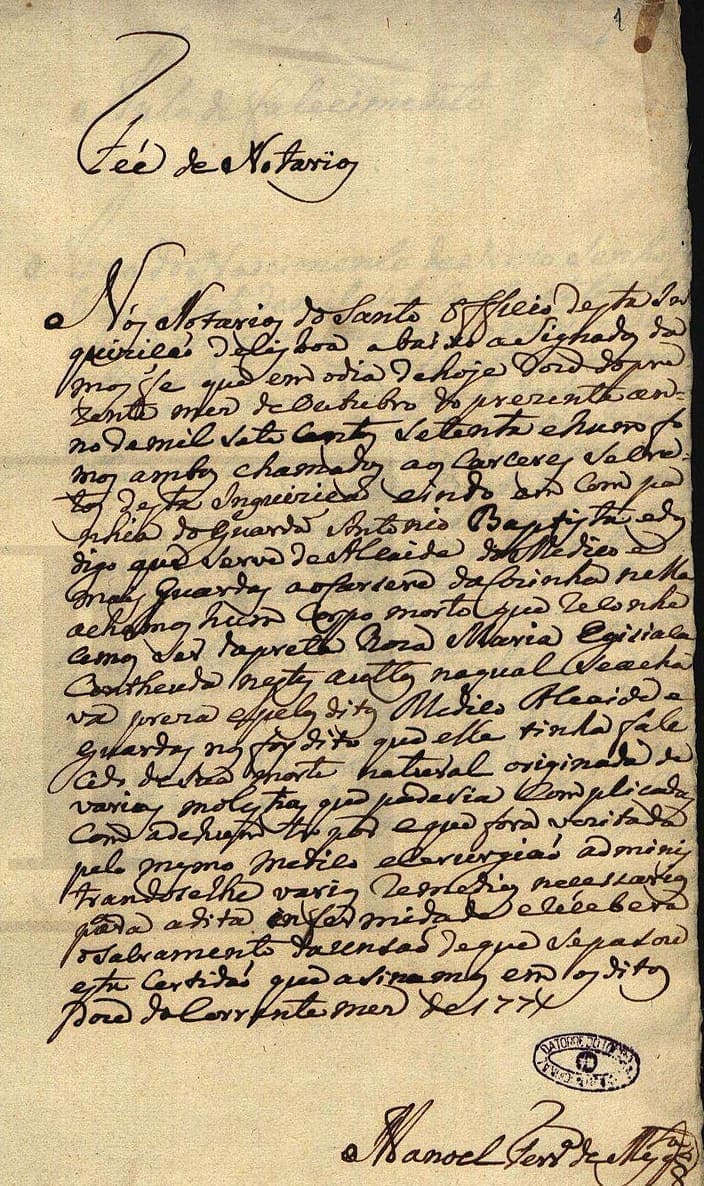 A narrow column of 1771 notarial writing headed Fée de Notarios, closed by a large signature and an oval archival stamp