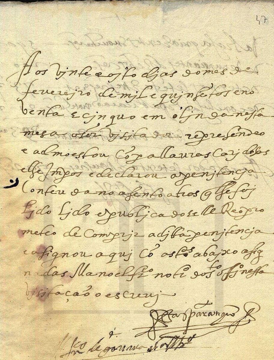 A short 1595 entry in brown ink above two large drawn signatures with looping flourishes
