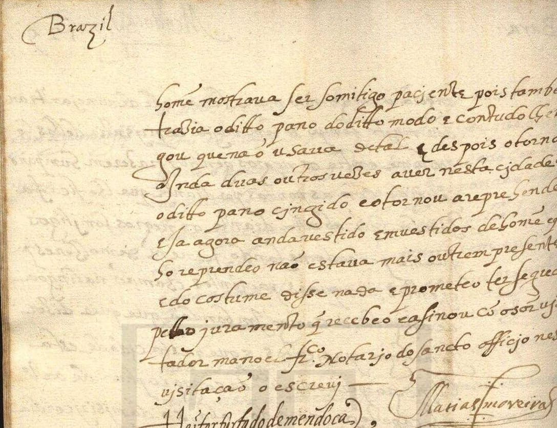 A register page with the marginal word Brazil at the head, eleven lines of a dense processual hand, and two flourished signatures at the foot