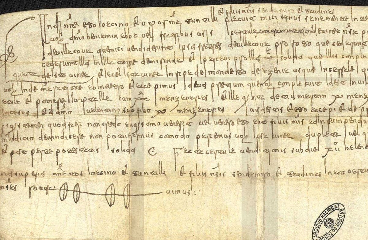 Opening lines of a 998 sale charter to the monastery of Lorvão, a large sloping Visigothic cursive with a chrismon and drawn signa in the roboratio line